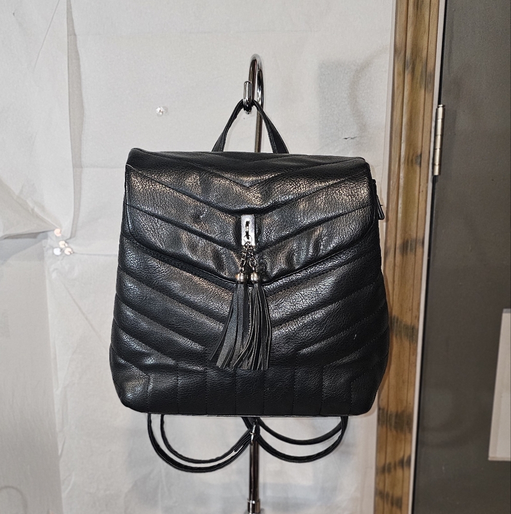 Chic Black Leather Backpack with Tassel